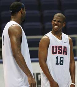Team USA members Chris Paul (18) speaks with LeBron James during Group D practice for the FIBA World Championship in Sapporo, Japan, August 18, 2006.***** NORTH AMERICA SALES ONLY ---- NORTH AMERICA SALES ONLY ***** (Newscom TagID: iconphotos698424)     [Photo via Newscom]